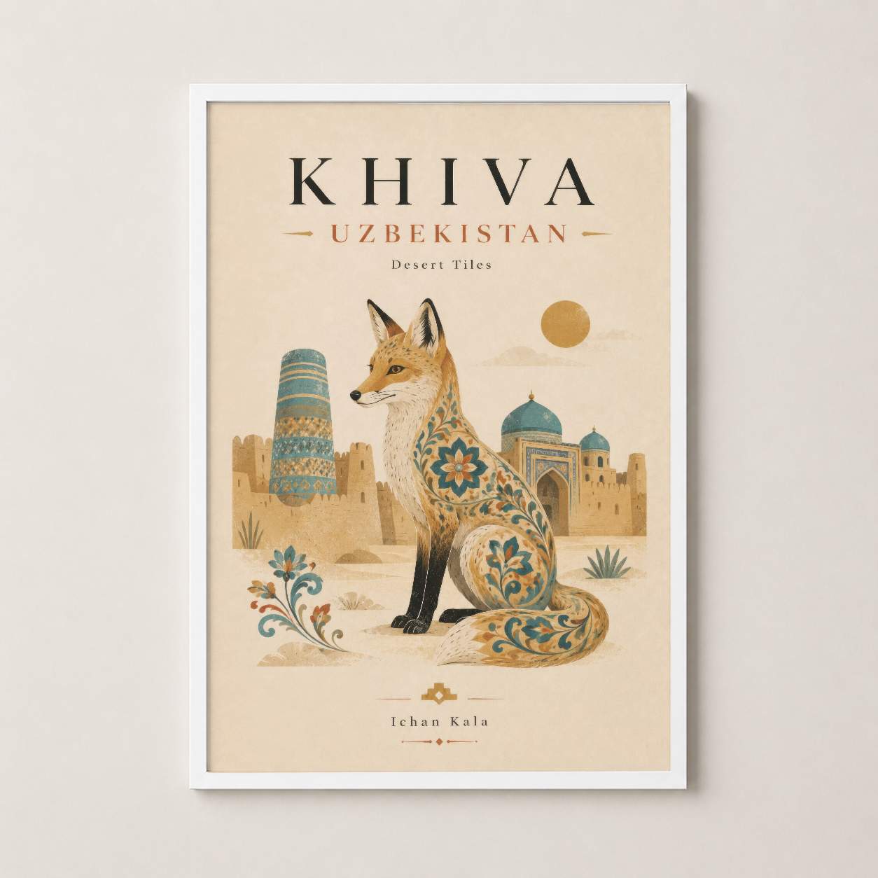 Khiva Özbekistan duvar sanatı beyaz çerçevede: İslami dekorasyon öğeleriyle çöl temasını yansıtan şık poster.