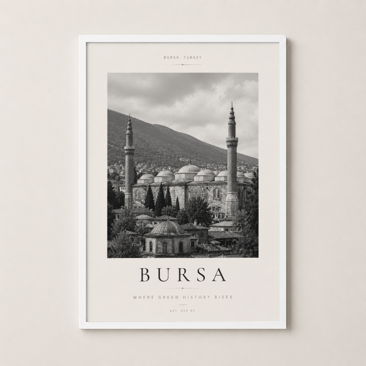Osmanlı mirasını beyaz çerçeve içinde sergileyen zarif poster baskısı.