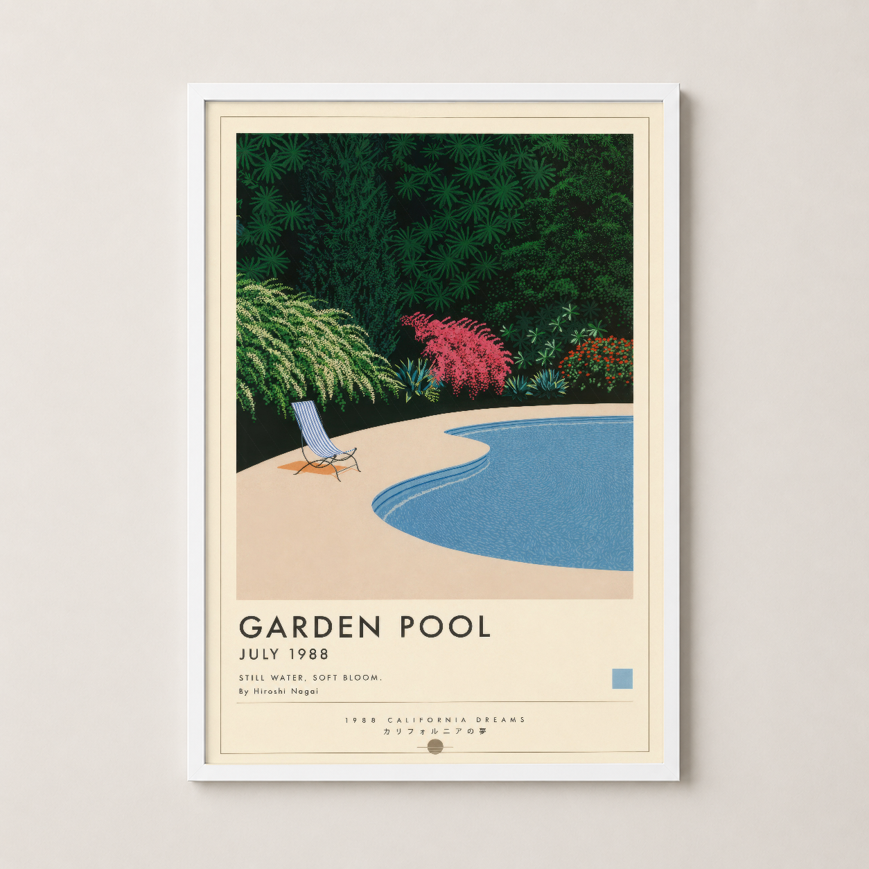 Garden Pool tablosu beyaz çerçevede sergilenen sanat baskısı, pastel renkler ve retro tasarım, minimalist duvar süslemesi.