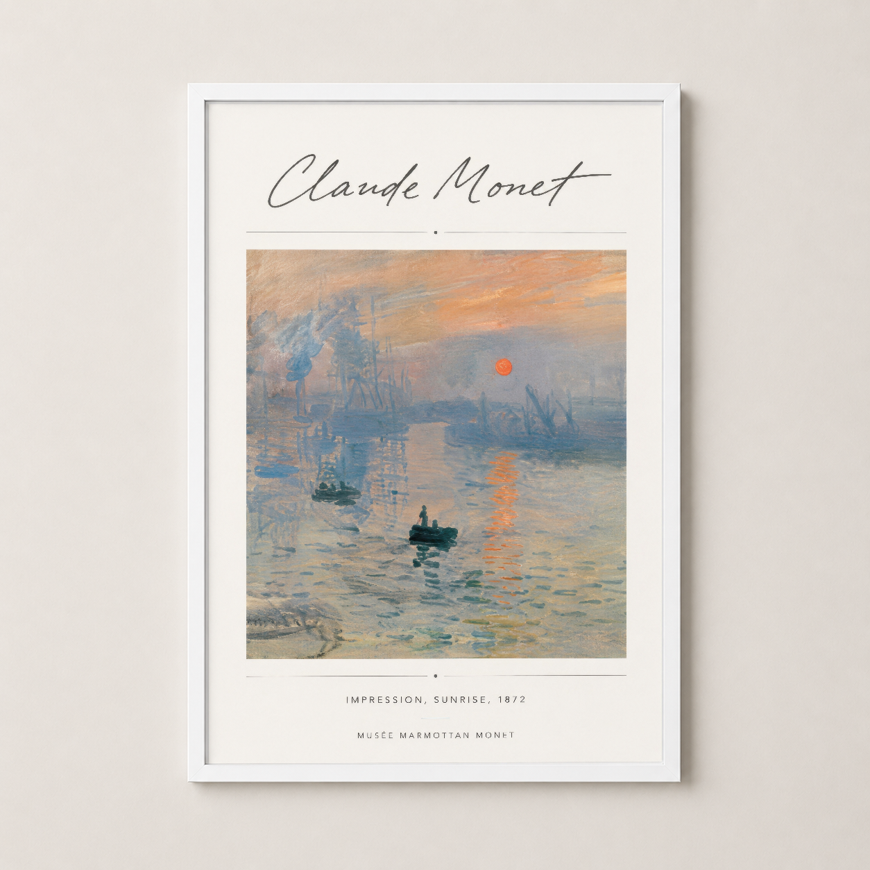 Klasik Monet tablosu beyaz çerçevede, sade ve şık duvar dekorasyonu olarak sunumu.