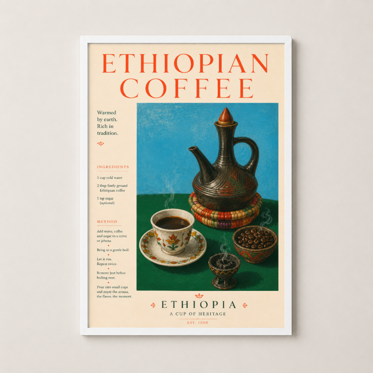 Etiyopya kahvesi sanat tablosu beyaz çerçeveli, retro tarzda kahve hazırlama rehberi posteri.