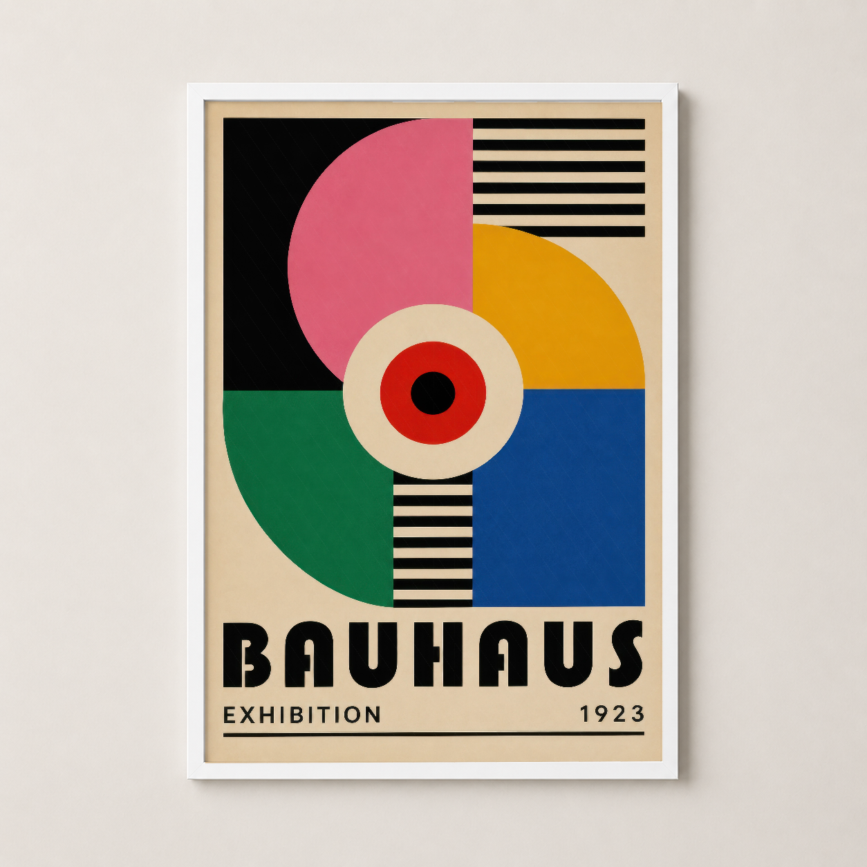Beyaz çerçevelenmiş Bauhaus tablosu, çok renkli daire ve şeritler motifinin sofistike duvar dekorasyonu