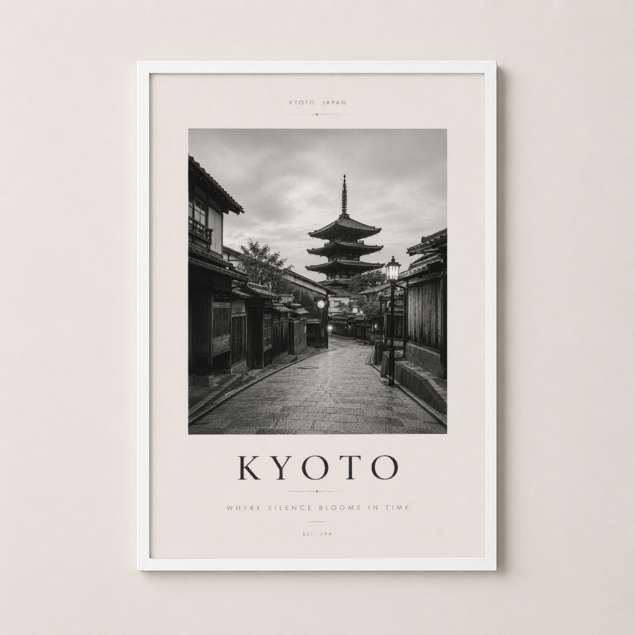 Kyoto sanat baskısı beyaz çerçeveli, zarif minimalist stilin yüksek dekoratif etkisi