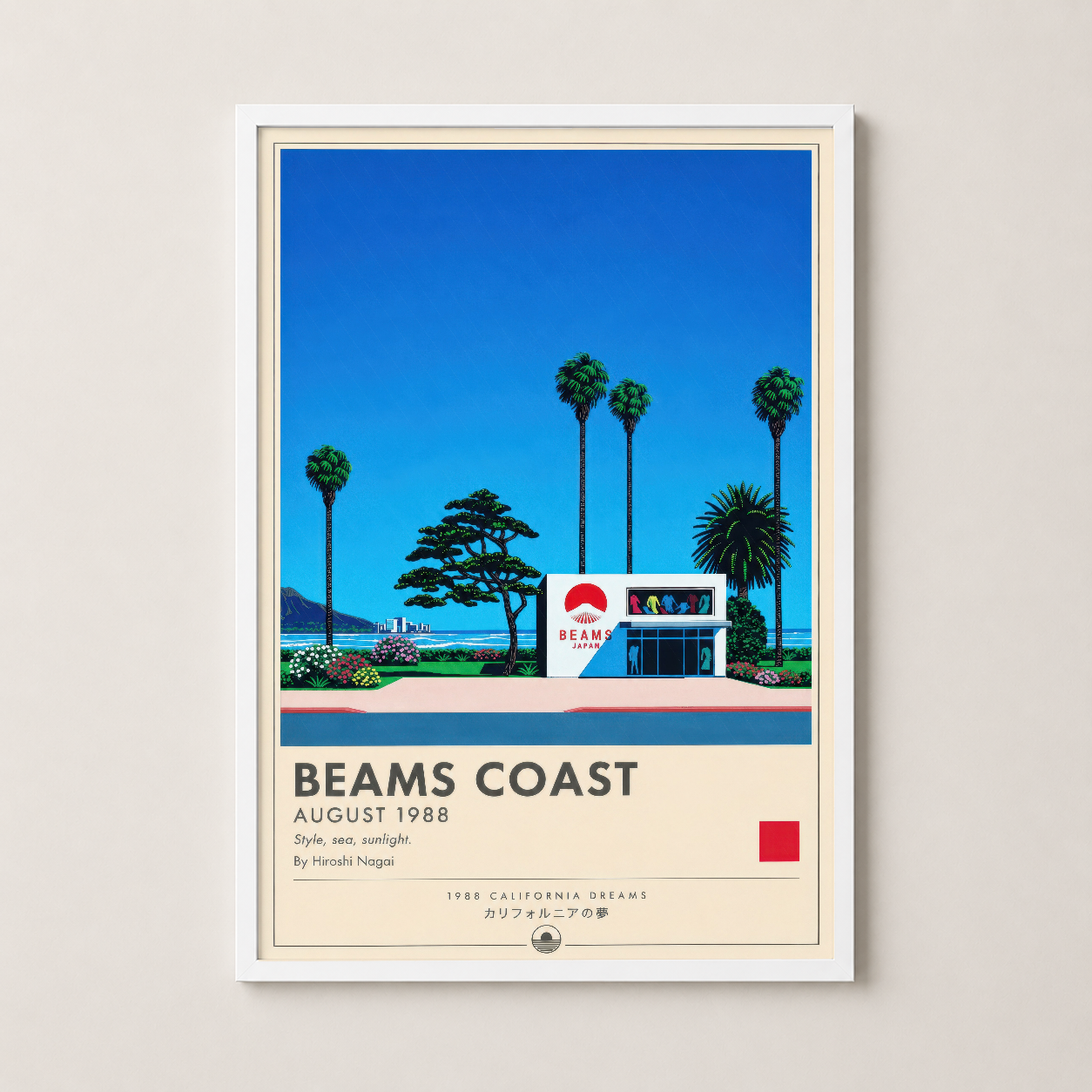 Beams Coast duvar sanatı beyaz çerçevede, modern iç tasarımda contemporary tablo olarak yer alan retro baskı.