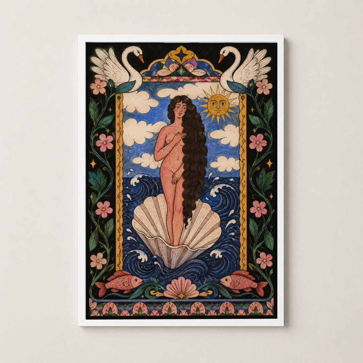 Beyaz çerçevede sunulan, deniz ve mitoloji temalı, rengarenk dekoratif sanat posterinin zarif görünümü.