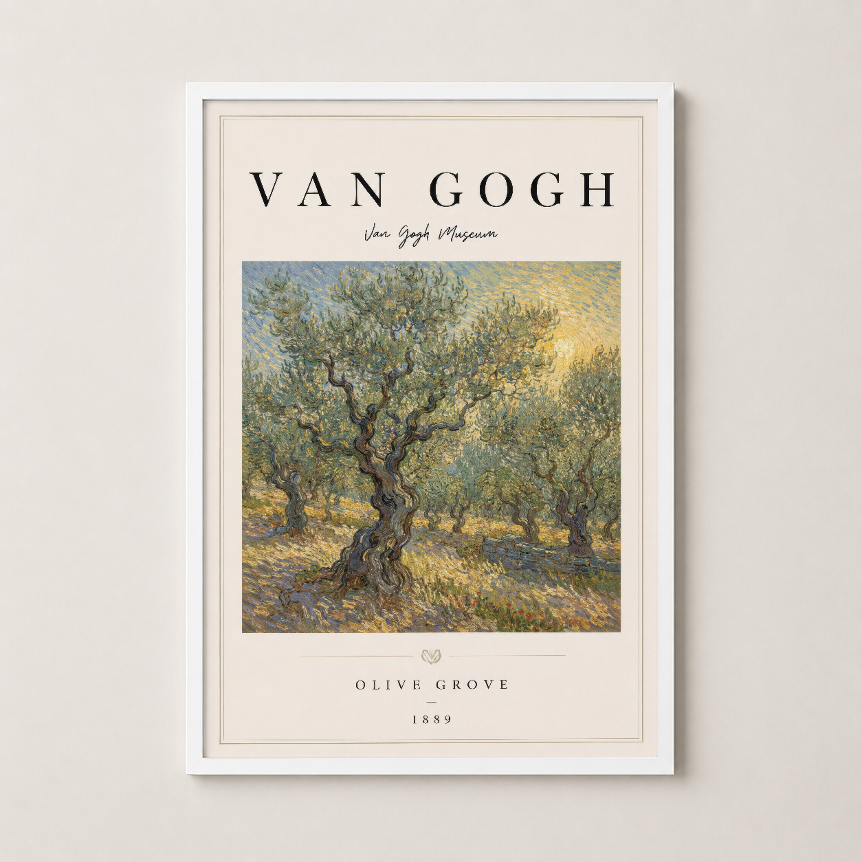Van Gogh'un başyapıtı Zeytin Ağacı, beyaz ahşap çerçevede zarif ve temiz bir şekilde sergilenen sanat eseri.
