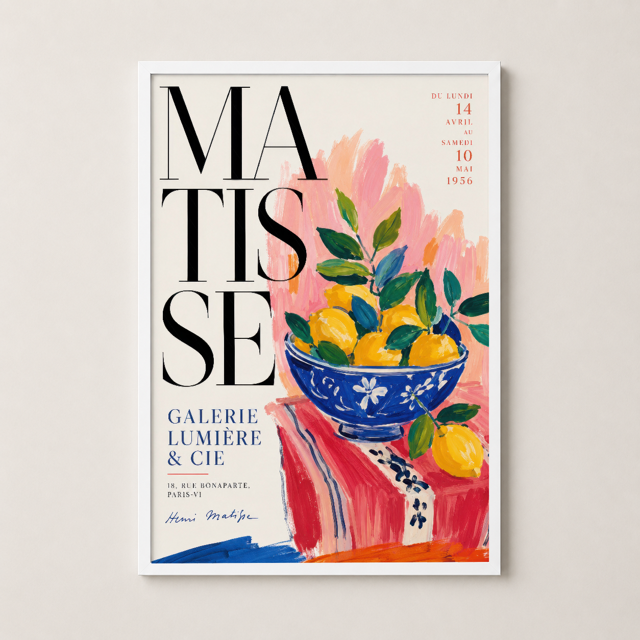 Matisse sergisi afişi, beyaz çerçeveli sanat tablosu, yapıtcı pembe ve mavi tonlarında klasik galeri posteri.