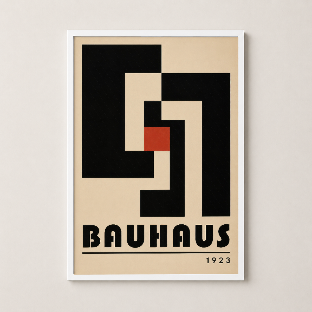 Bauhaus tasarım tablosu beyaz çerçeve içinde, minimalist ve çağdaş iç mekanlar için ideal.