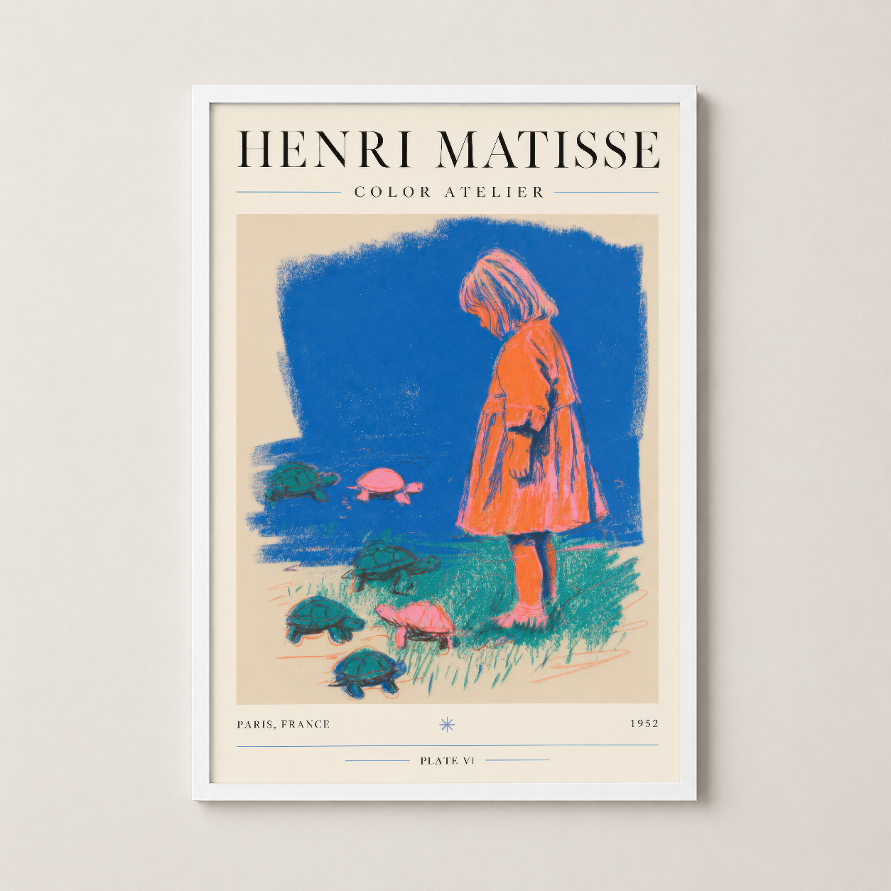 Parlak beyaz çerçevede Matisse's Color Atelier tablosu, zarif ve çağdaş iç mekan dekorasyonu için ideal.