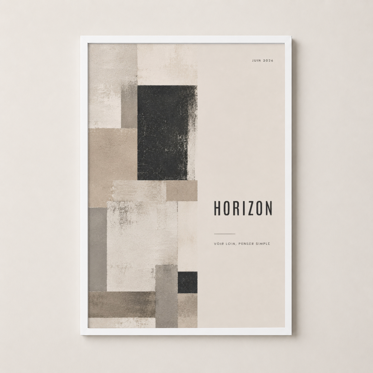 Horizon duvar sanatı, beyaz çerçevede, minimalist estetik ve yumuşak renklerle.