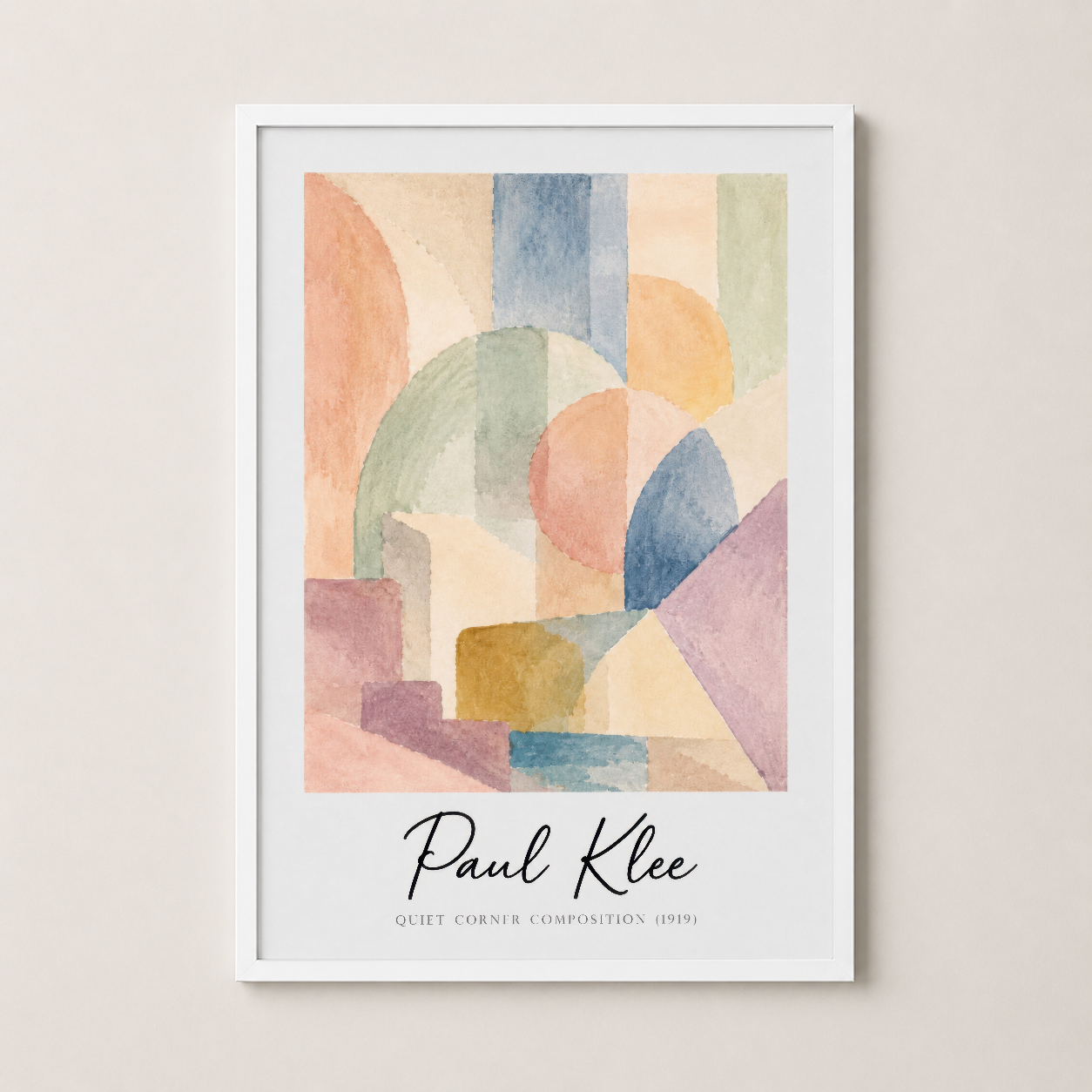 Paul Klee tablosunun beyaz ahşap çerçeveli versiyonu, minimalist iç dekorasyon stiline uyum sağlayan zarif bir sanat eseri.