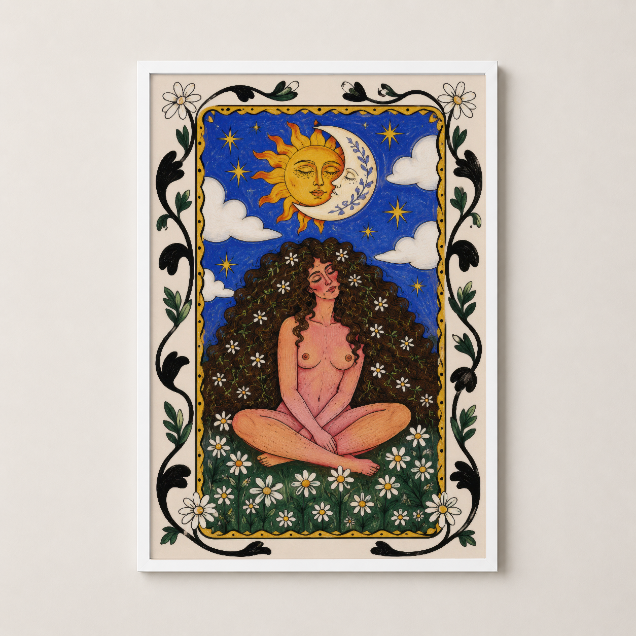 Celestial konulu duvar tablosu, beyaz çerçevede, çiçek ve yıldız detaylı bohemyen stilinde.