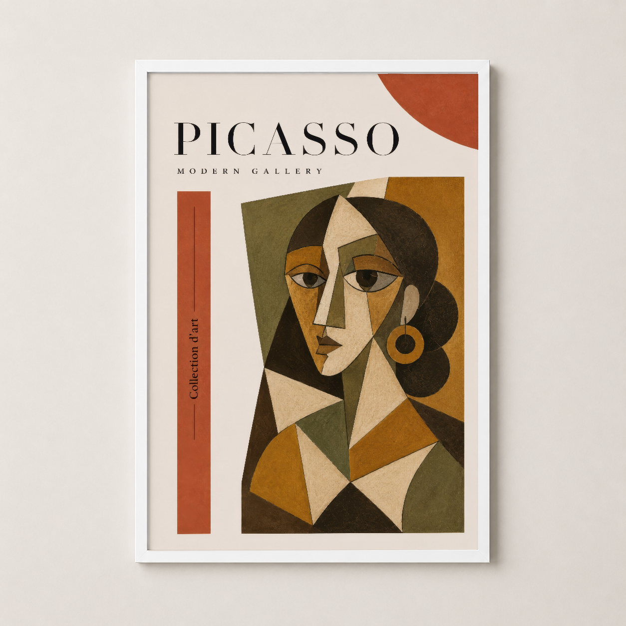 Beyaz çerçeveli Picasso Modern Gallery duvar sanatı, kübist portre tasarımı ile çağdaş salon dekoru.