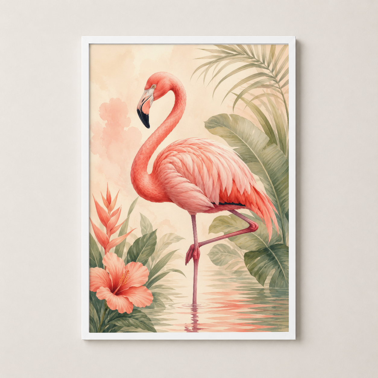 Beyaz çerçeveli flamingo sanat eseri, pembe kuş ve çiçek motifleriyle sakin ve minimalist tablo.
