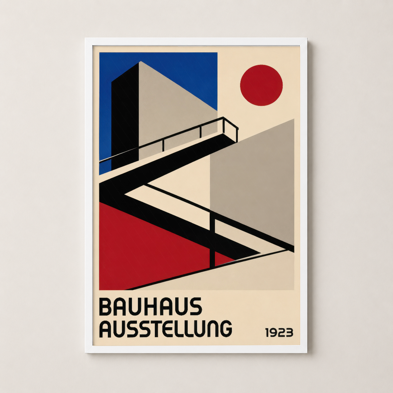 Klasik Bauhaus sergisi tablosu, beyaz çerçeveyle sunulan sanat deco stilinde geometrik kompozisyon.