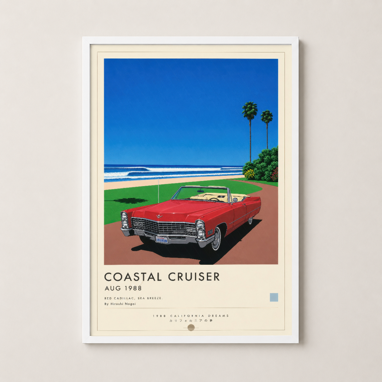 Beyaz çerçevede 1988 Coastal Cruiser tasarımı, vintage otomobil ve manzara temali poster.