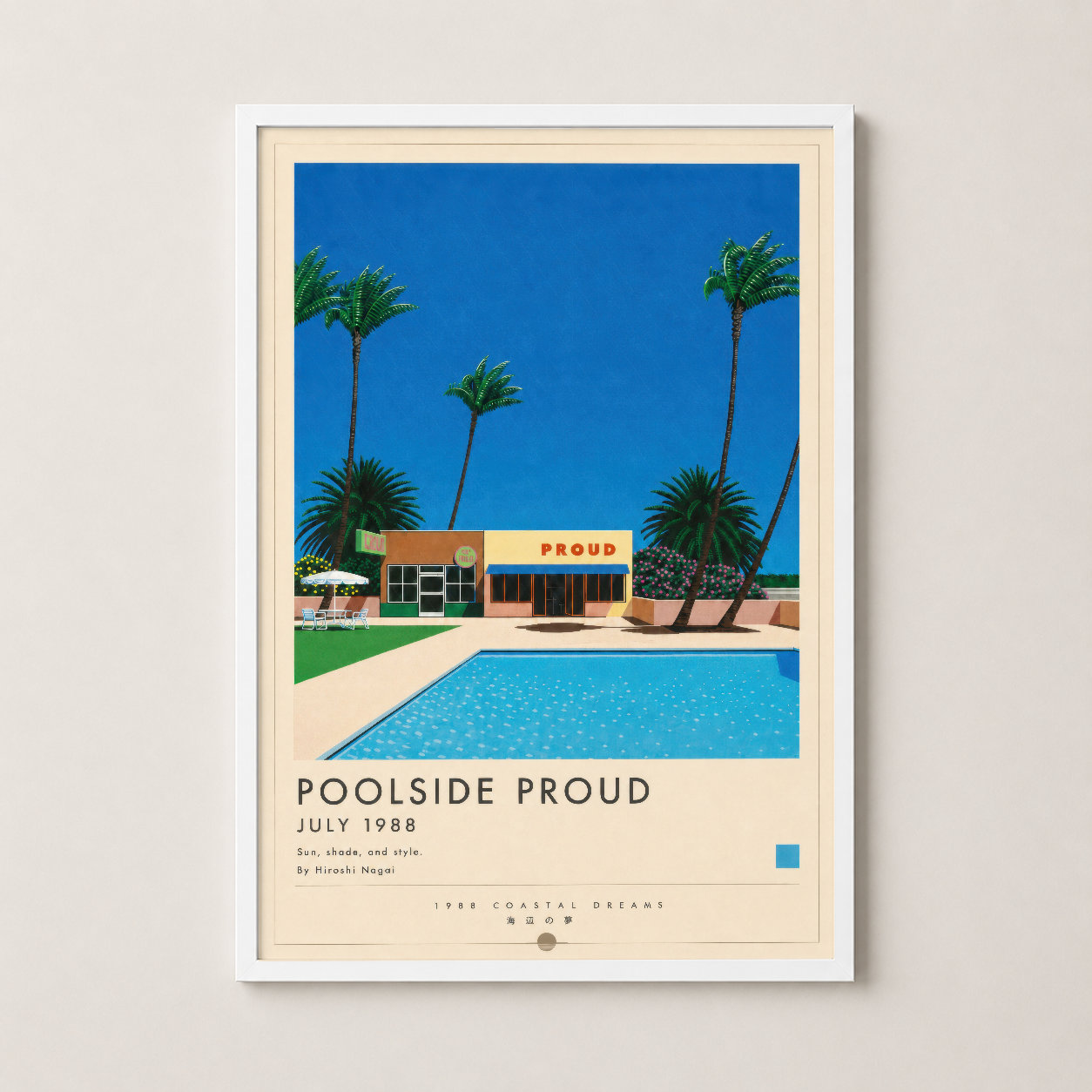 Beyaz çerçeveli Poolside Proud duvar sanatı, nostaljik palmiye ve havuz motifleri ile dekoratif poster.