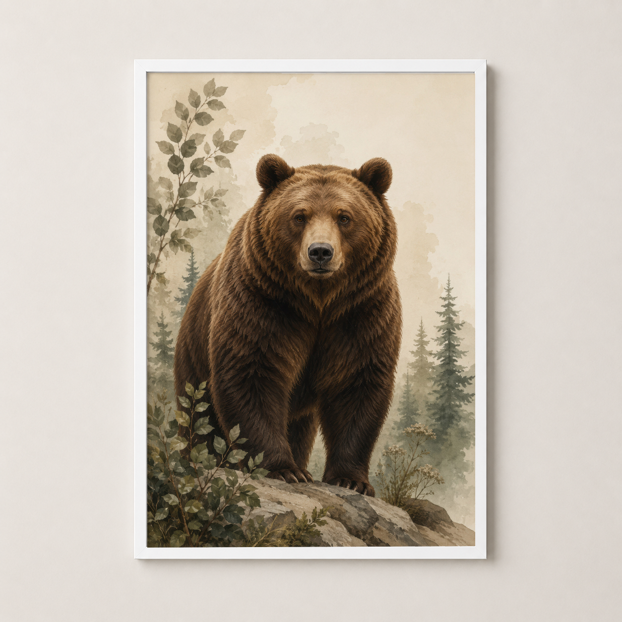 Beyaz çerçeveli ayı posteri, orman ortamında botanik detaylarıyla tasarlanmış, modern alanlar için ideal sanat eseri.