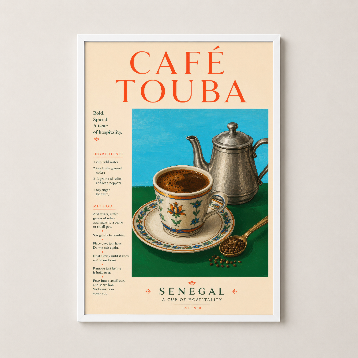 Café Touba sanat baskısı beyaz çerçeveli, zarif tasarım ve otantik kahve tarifi detayları içeren.