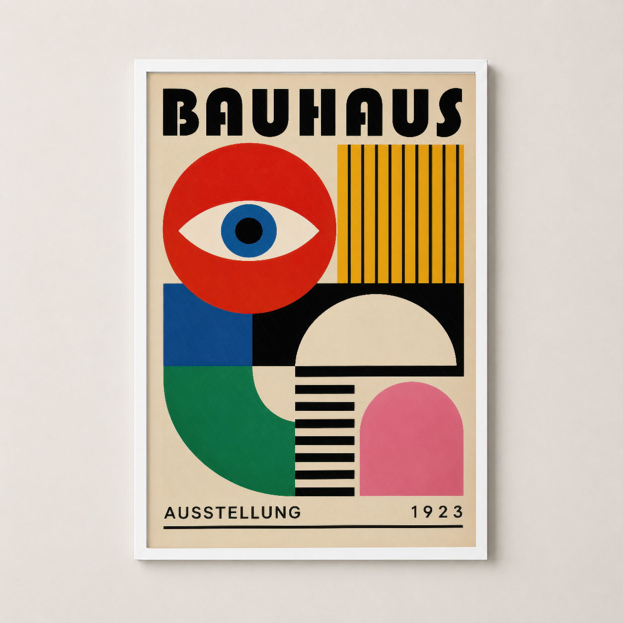 Bauhaus 1923 sergisi tablosu beyaz çerçevesi ile minimalist iç tasarım için.