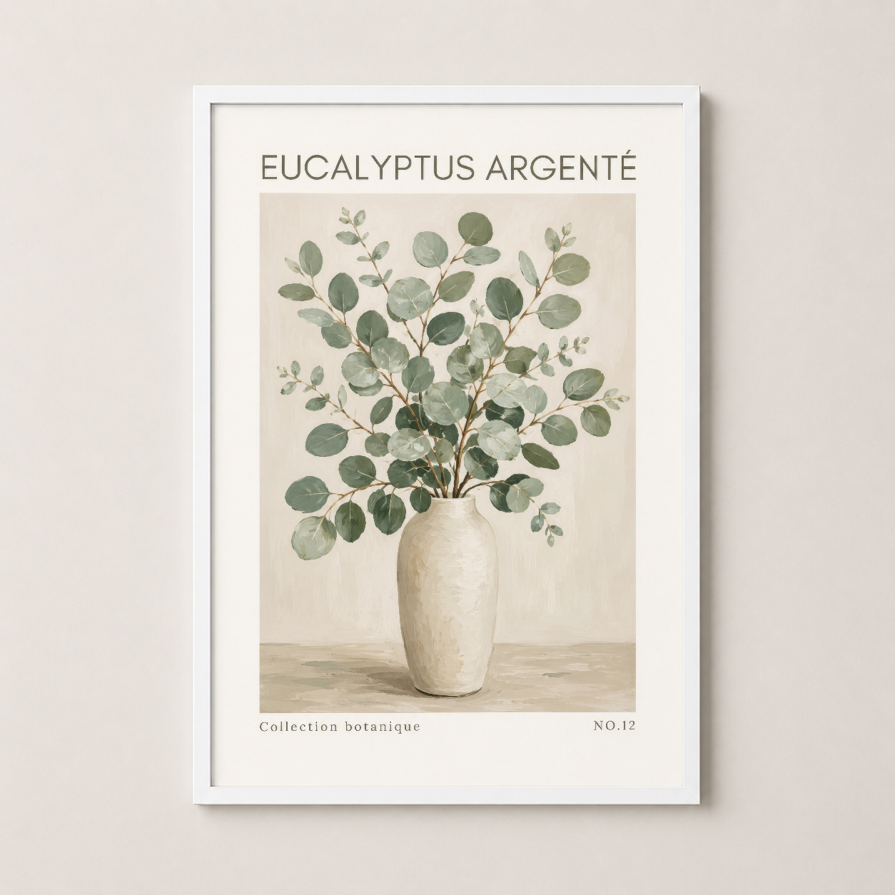 Beyaz çerçeveli Eucalyptus Argenté tablosu, açık renkli iç mekanlar için sakin botanik poster