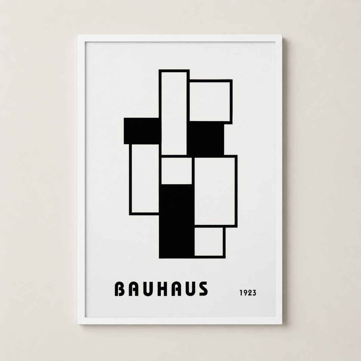 Bauhaus 1923 minimal tasarım beyaz çerçevede, siyah-beyaz geometrik desen, çağdaş dekorasyon.