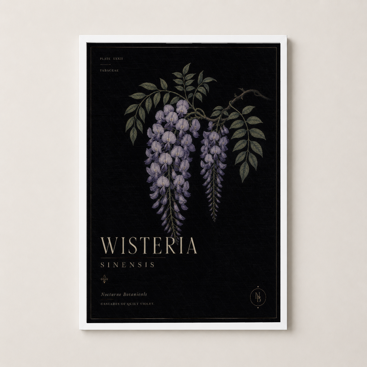 Beyaz çerçeveli wisteria tablosu, sade ve aydınlık ortamlara uyumlu botanik desenli poster.