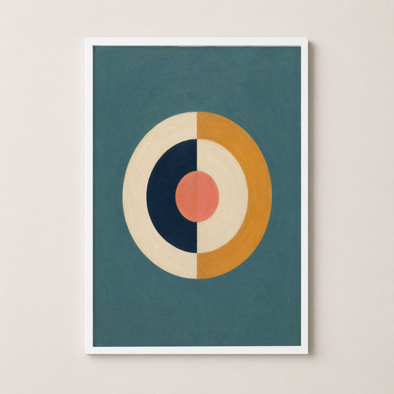 Beyaz çerçeveli, renkli halkaların yer aldığı soyut poster, her ortama uyumlu şık duvar dekorasyonu.