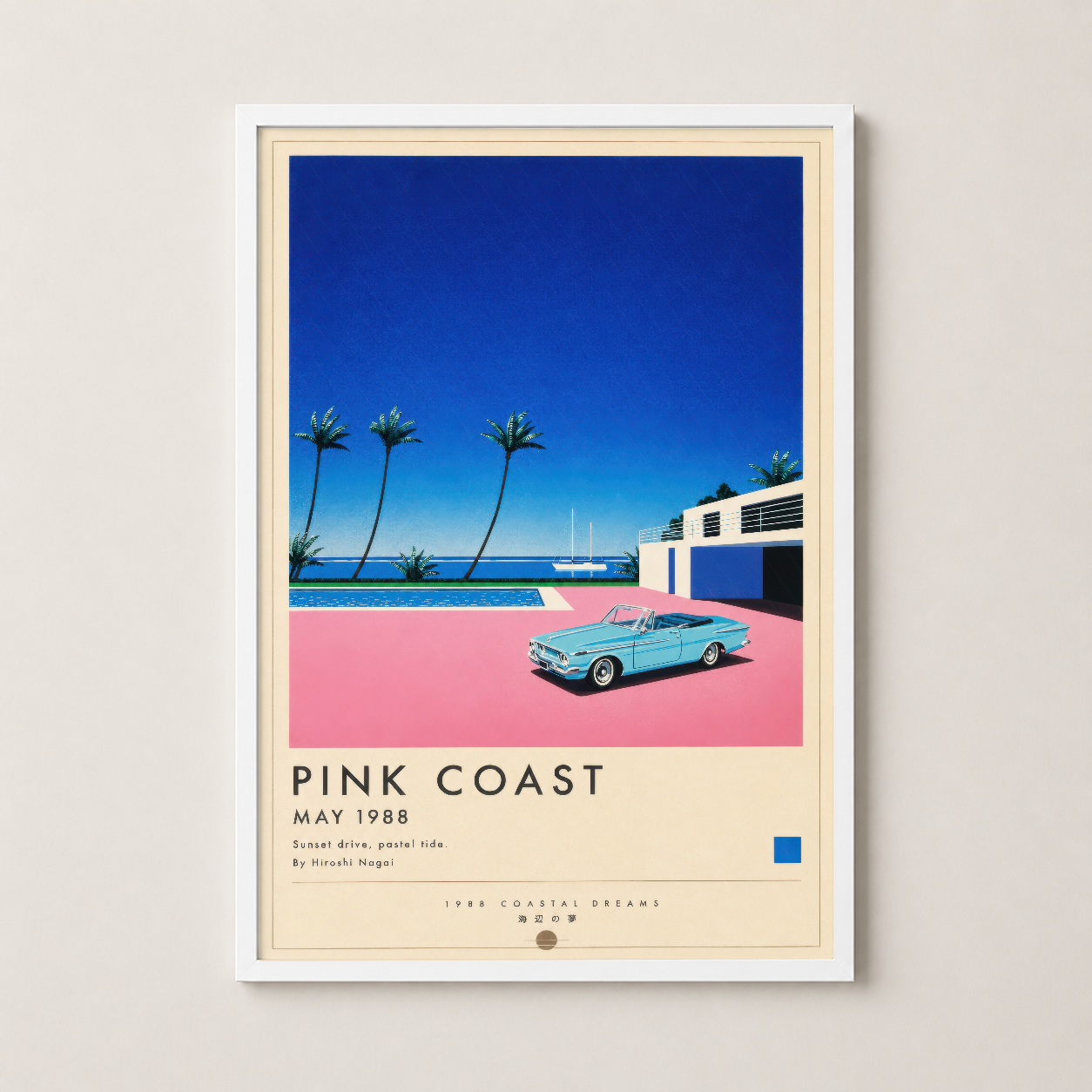 Pink Coast tasarımı, beyaz ahşap çerçevede, pastel pembe ve mavi tonlarıyla minimalist dekor