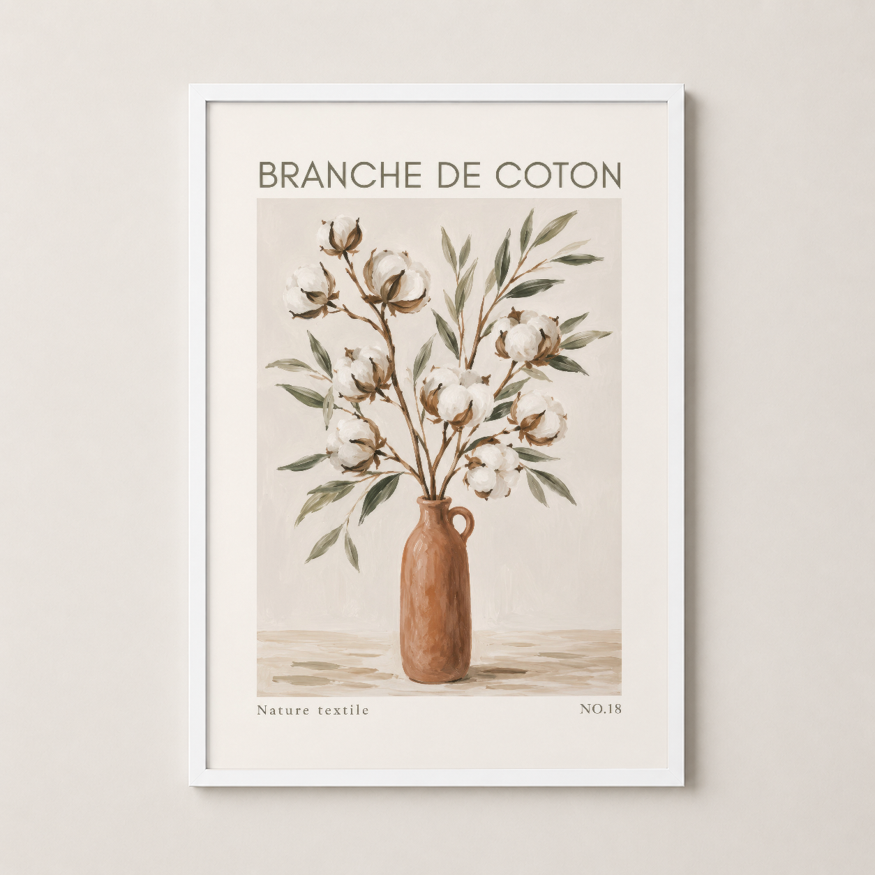 Beyaz çerçeveli modern poster, nötr tonda pamuk dalları buketi tasarımı.