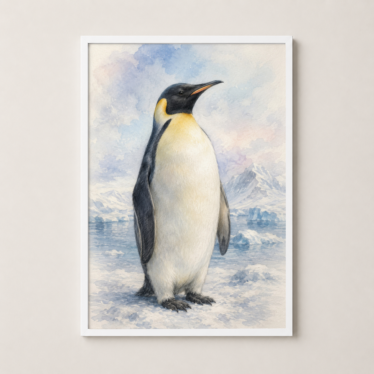 Antartik pengueni illüstrasyonu beyaz çerçevede, kar dağları ve buz kütleleriyle beraber, klasik doğa sanatı.