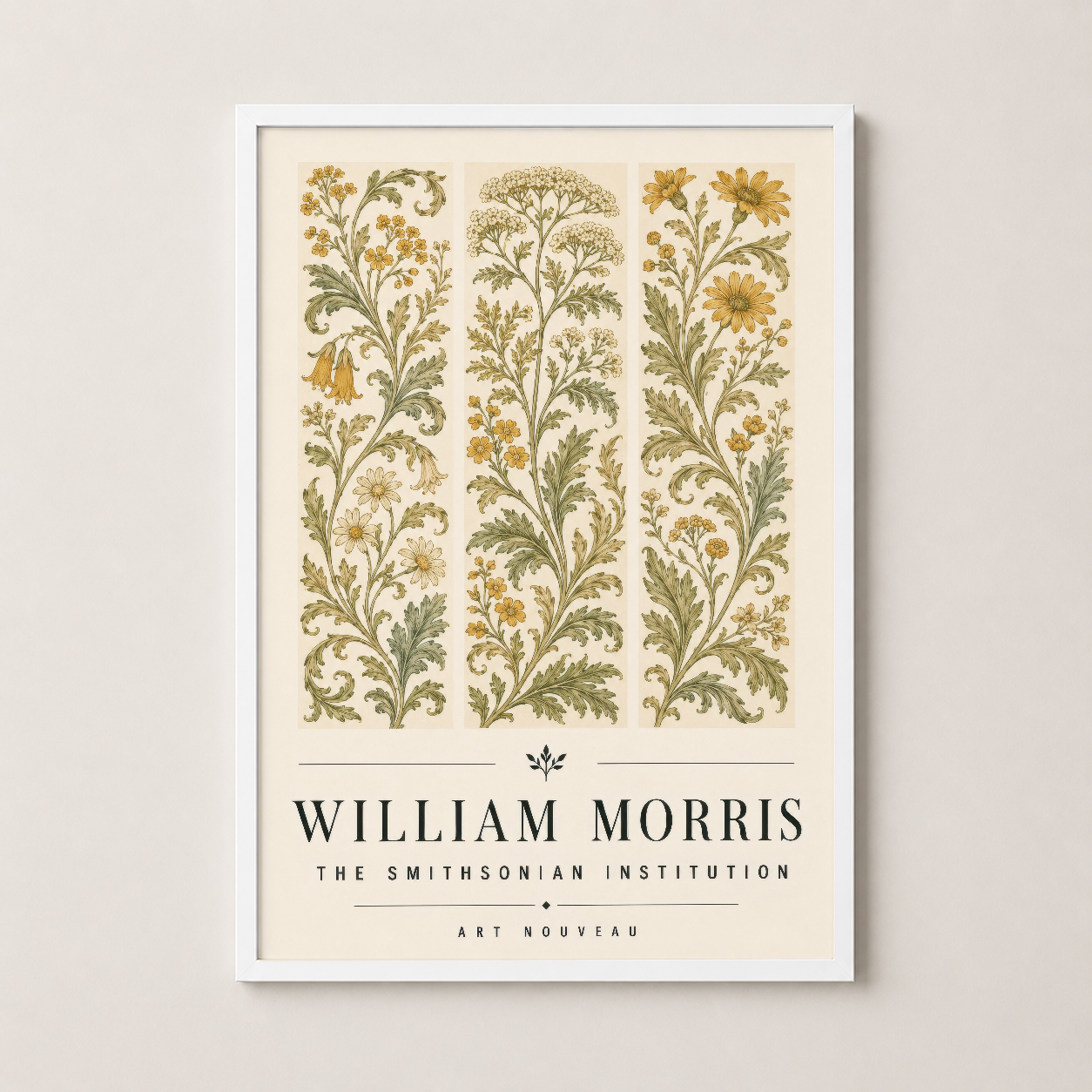 William Morris çiçek tablosu beyaz çerçeveli versiyonda, zarif minimalist ev tasarımına uygun.