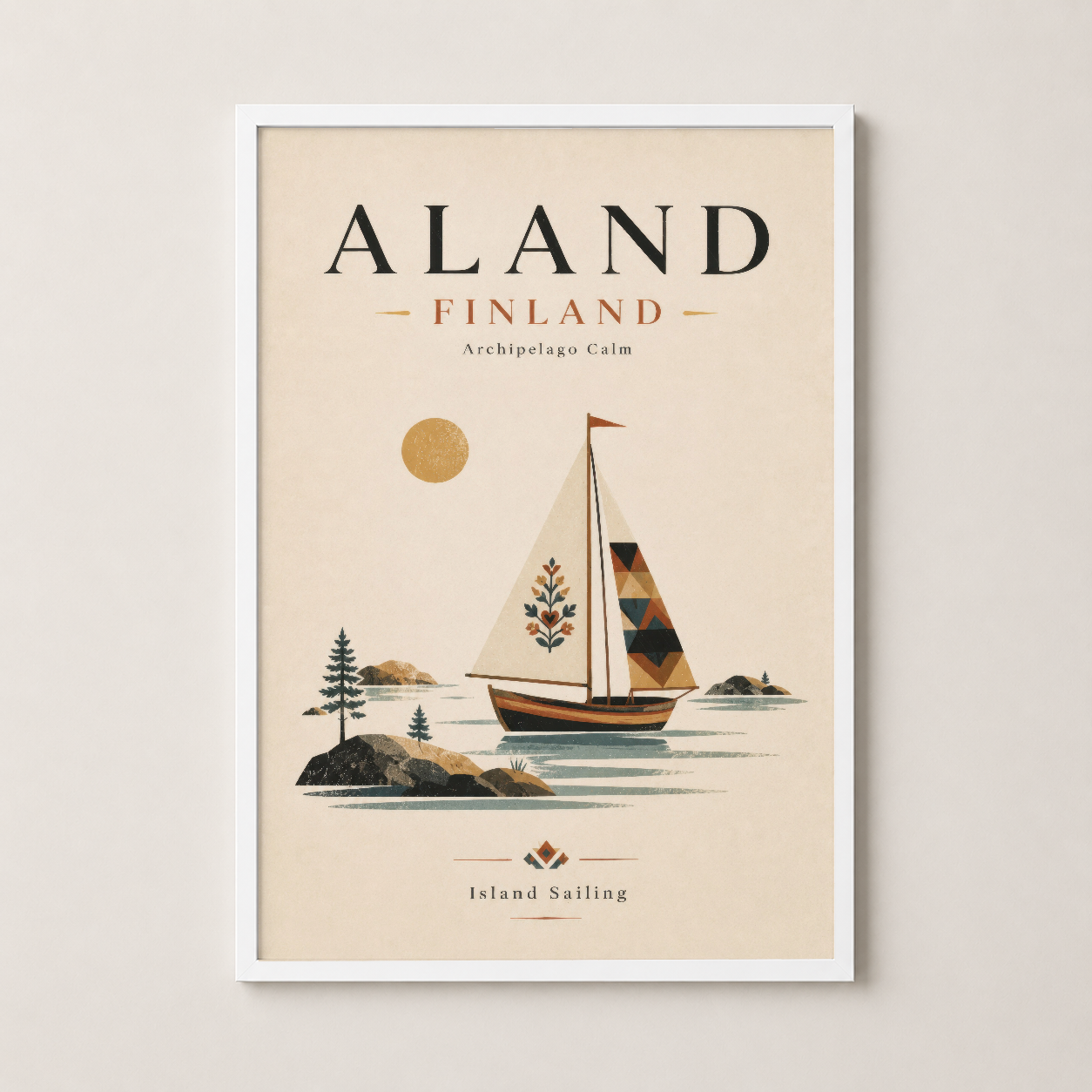 Åland Finlandiya duvar tablosu beyaz çerçeveli, sakin mimarisinde modern dekorasyon.