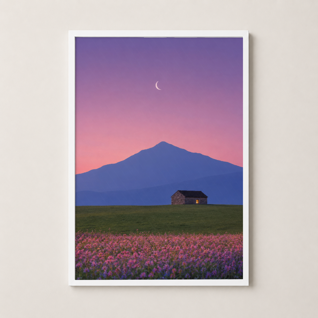 Beyaz çerçeveli, minimalist stil gün batımı dağ ve çiçek tarlası sanat tablosu.