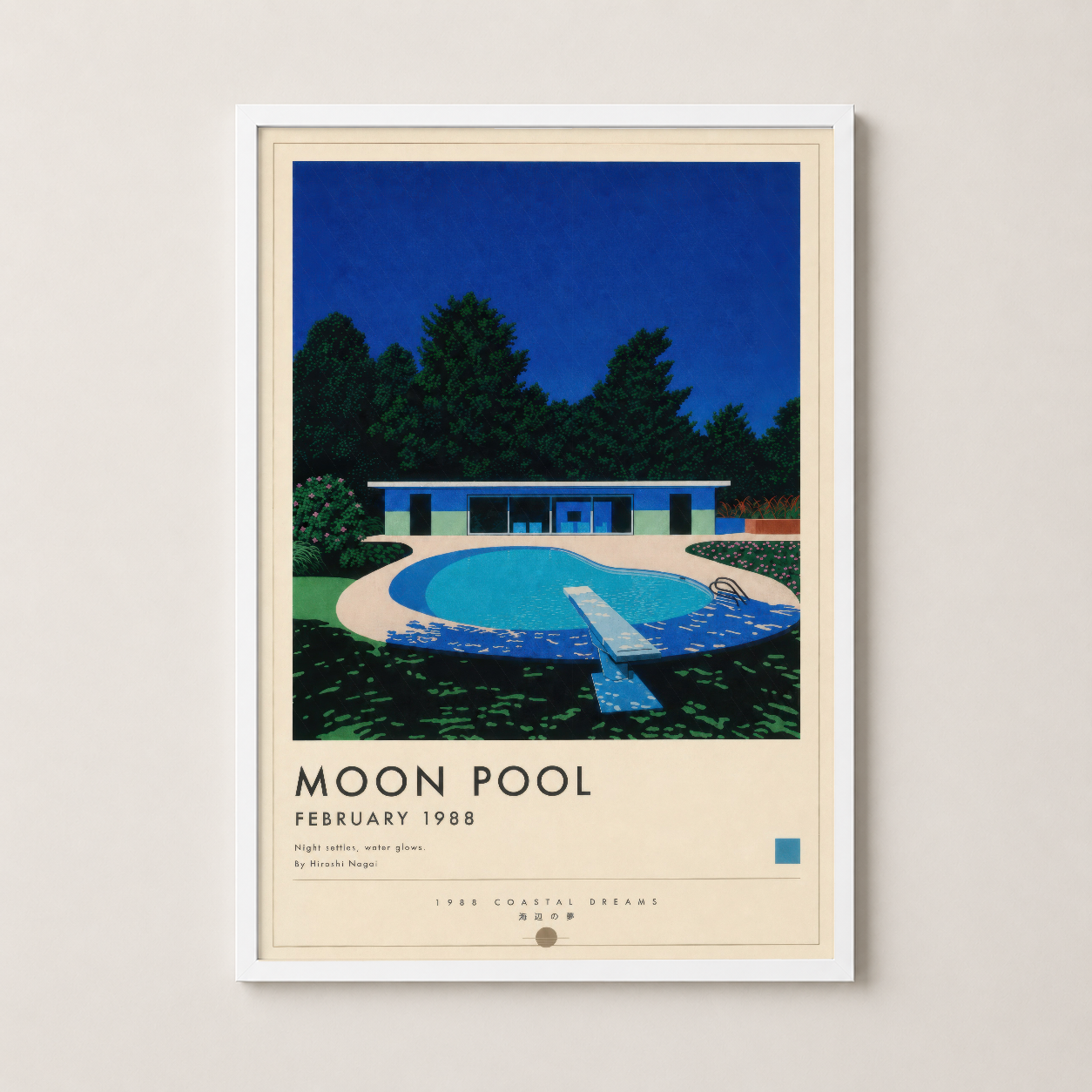 Moon Pool poster beyaz çerçeveli, şık duvar sanatı baskısı, minimalist stil.