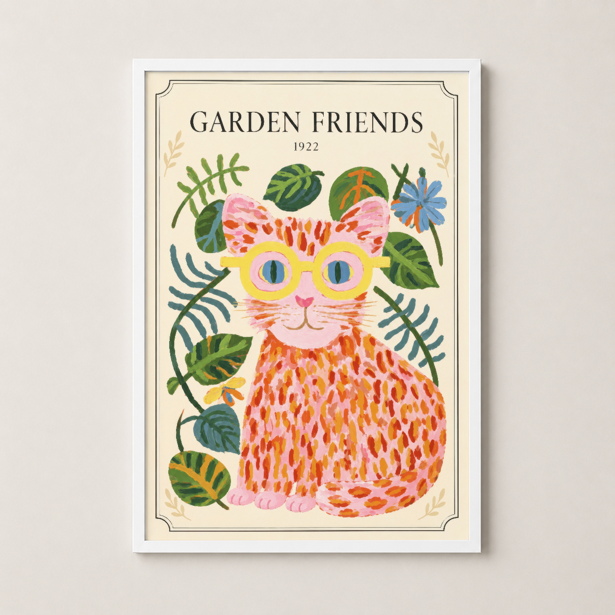 Vintage Garden Friends motifi beyaz çerçevede, minimalist ev dekorasyonu için ideal duvar posteri.
