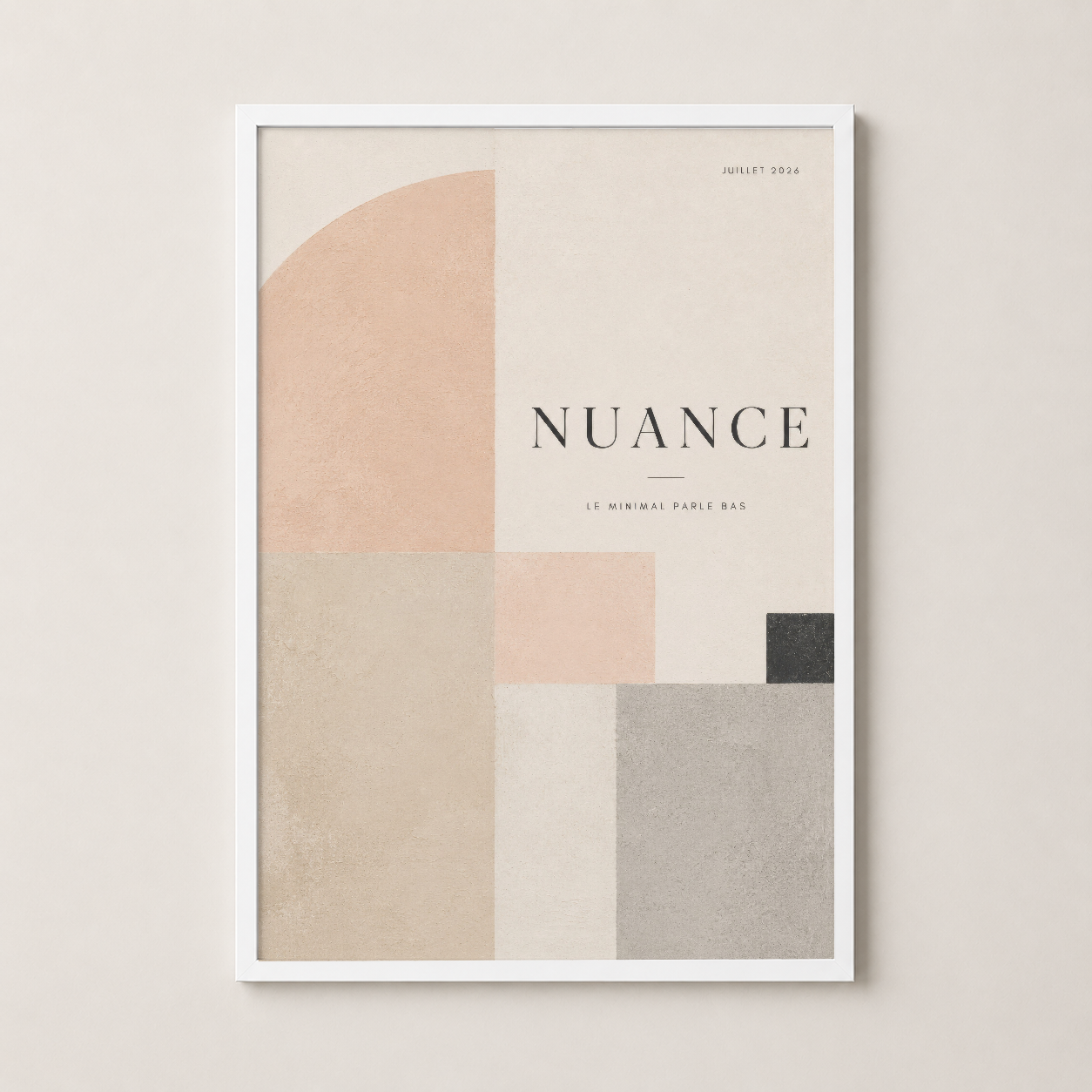 Nuance deseni beyaz çerçevede, beige ve gri tonları ile dingin bir aesthetic ortaya koyan dekoratif sanat yönetmeliği.