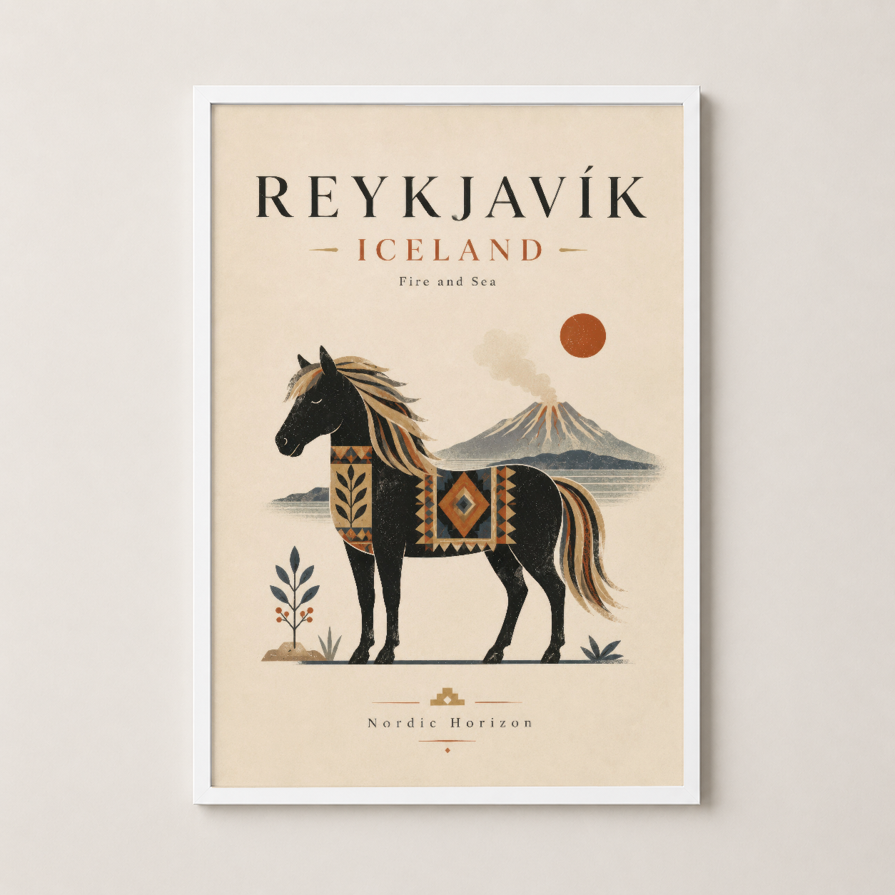 Beyaz çerçevelenmiş Reykjavik sanat eseri, Ateş ve Deniz konulu minimalist İzlanda tasarımı.