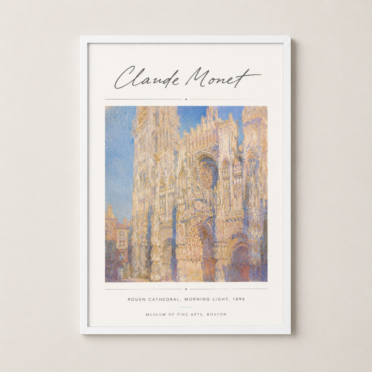 Monet'nin Rouen Katedrali eseri beyaz çerçevede, hafif ve asil bir görünümle sanat severlerin evlerine konfor ve kültür