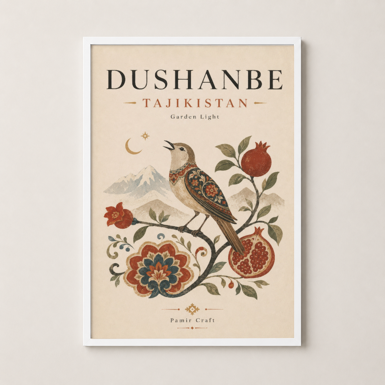 Beyaz çerçeveli, ay ve dağ detaylı Dushanbe Tacikistan temalı vintage stil duvar tablosu.