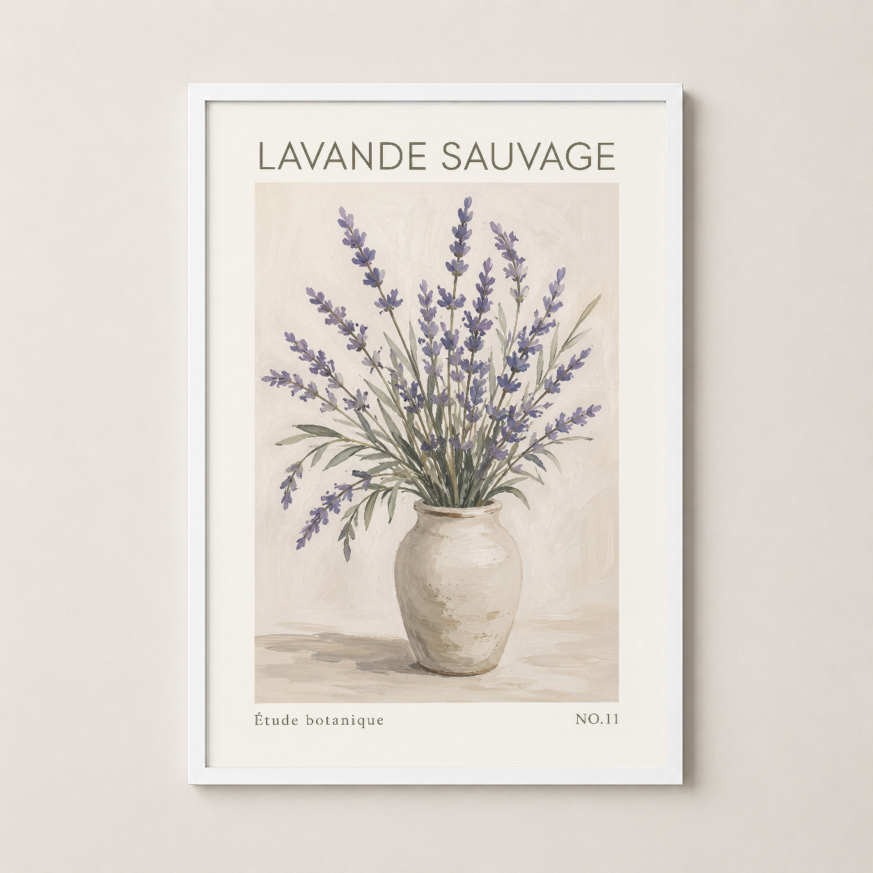 Beyaz çerçeveli, minimalist estetikle hazırlanmış lavanda çiçeği sanat tablosu.