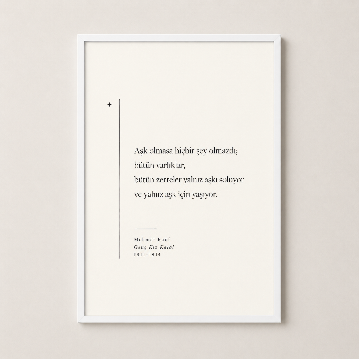 Beyaz çerçeveli klasik stil poster, minimaliz hattı ve yazı ile meditasyon duvarını tamamlayan eser.