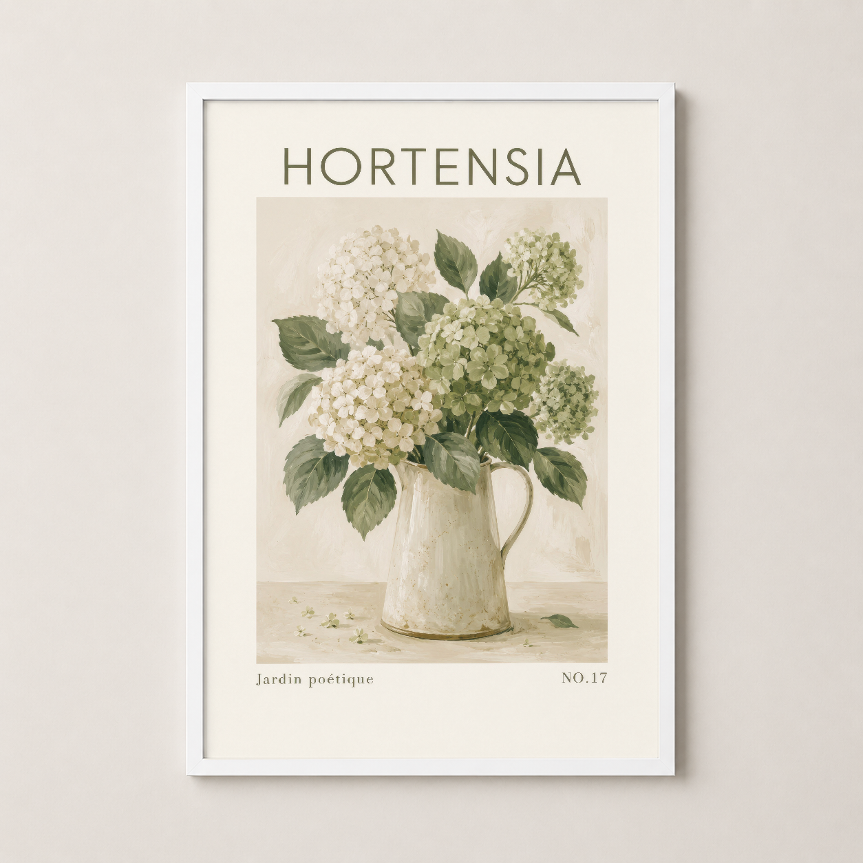 Hortensia duvar tablosu beyaz çerçevede, zarif çiçek dekorasyonu.