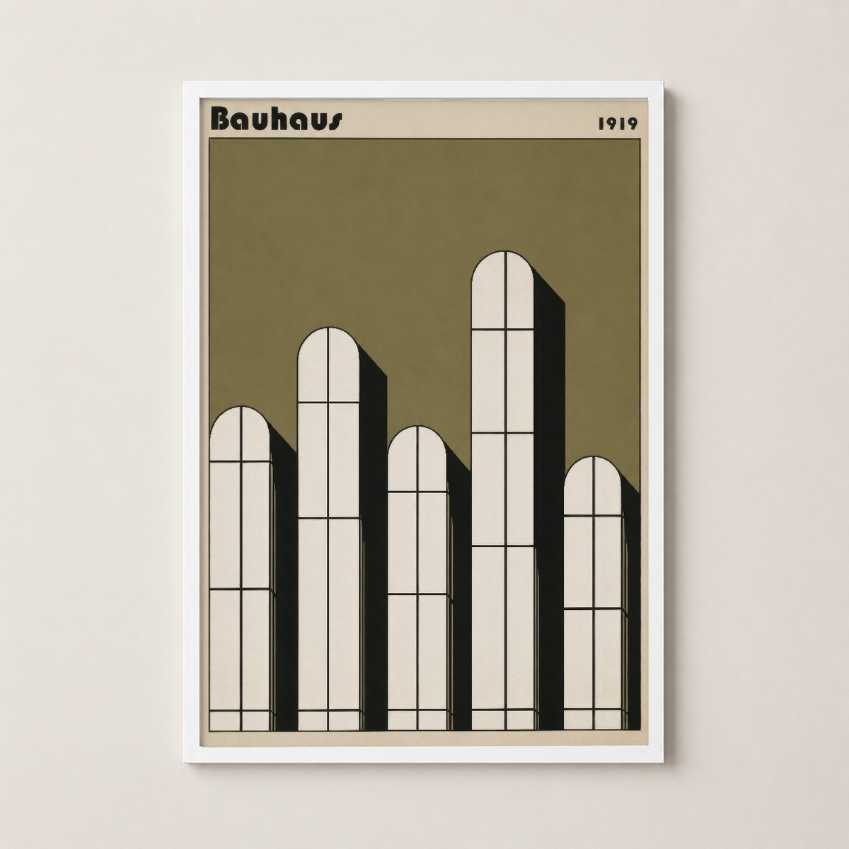 Bauhaus 1919 tasarımı beyaz çerçevede, geometrik mimari formlı indikatif modern poster
