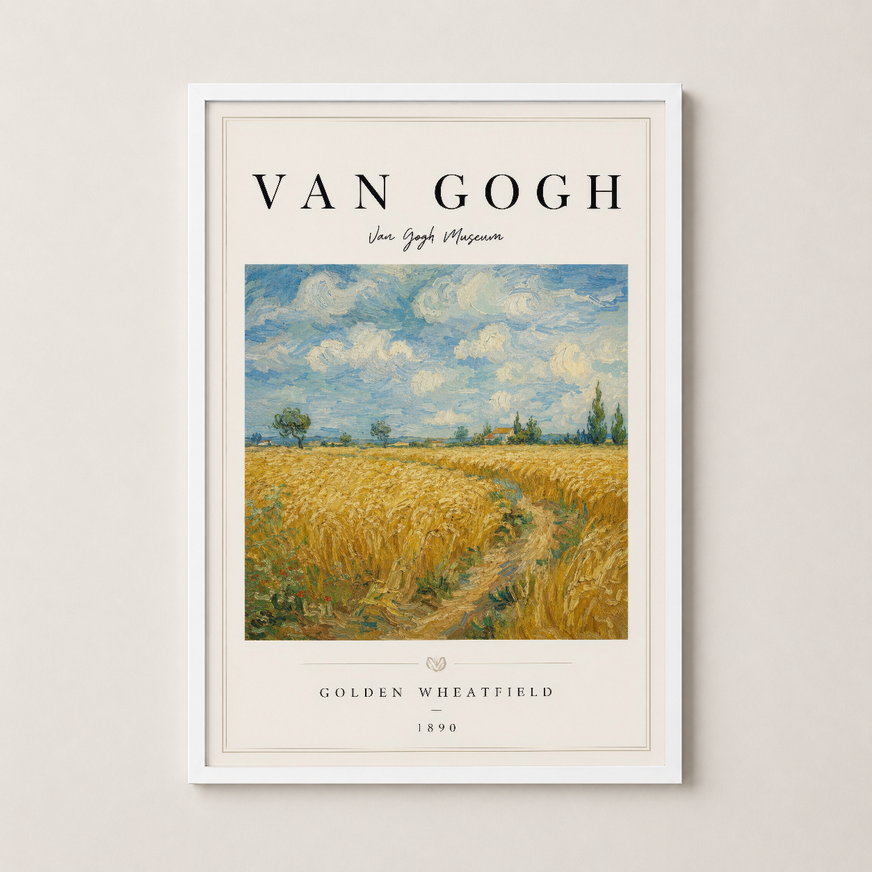 Van Gogh'un klasik Altın Buğday Tarlası eseri, zarif beyaz çerçevede sergilenen duvar dekorasyonu.