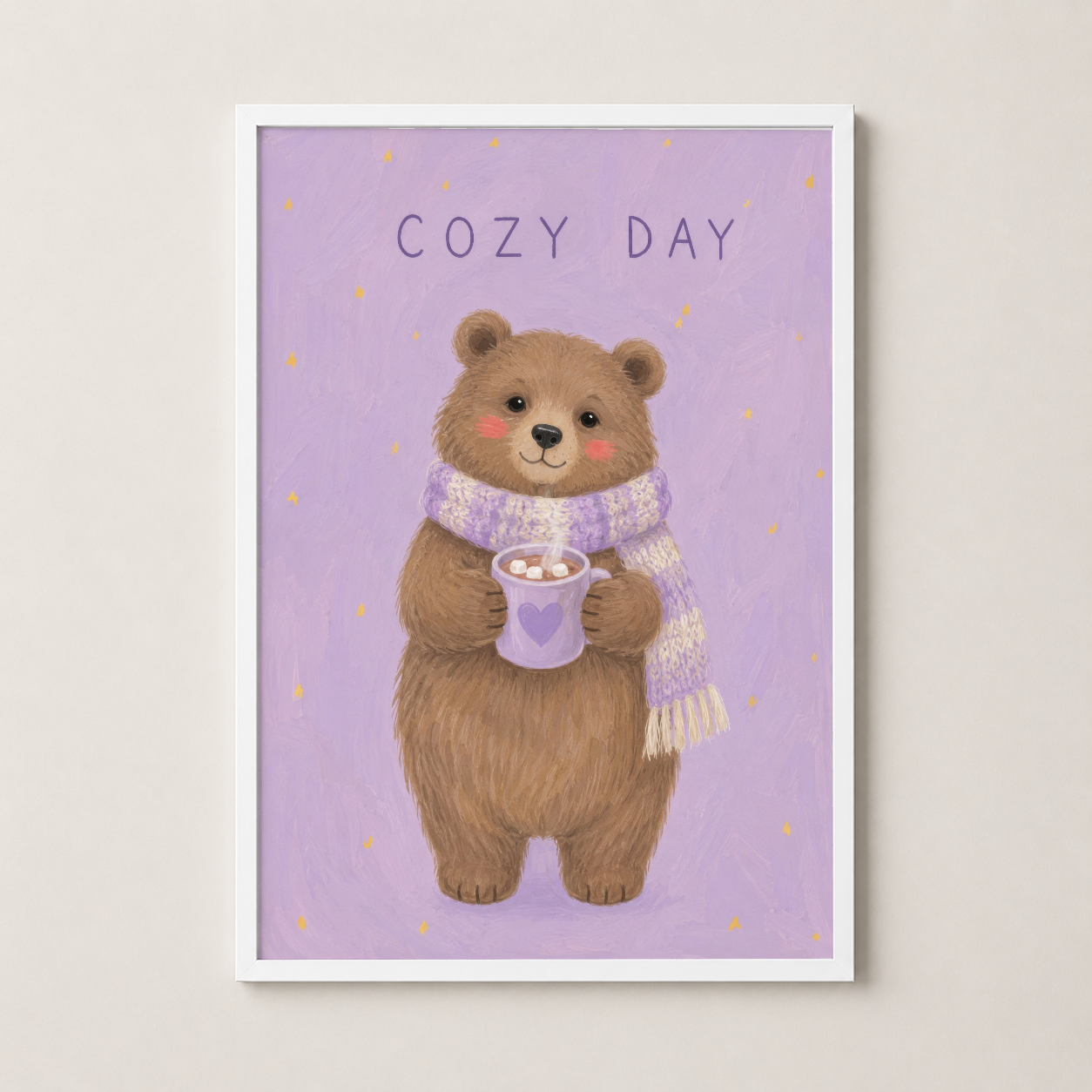 Beyaz çerçevede, yumuşak pembe tonlar ve atkılı ayı temasıyla yapılmış Cozy Day posteri.