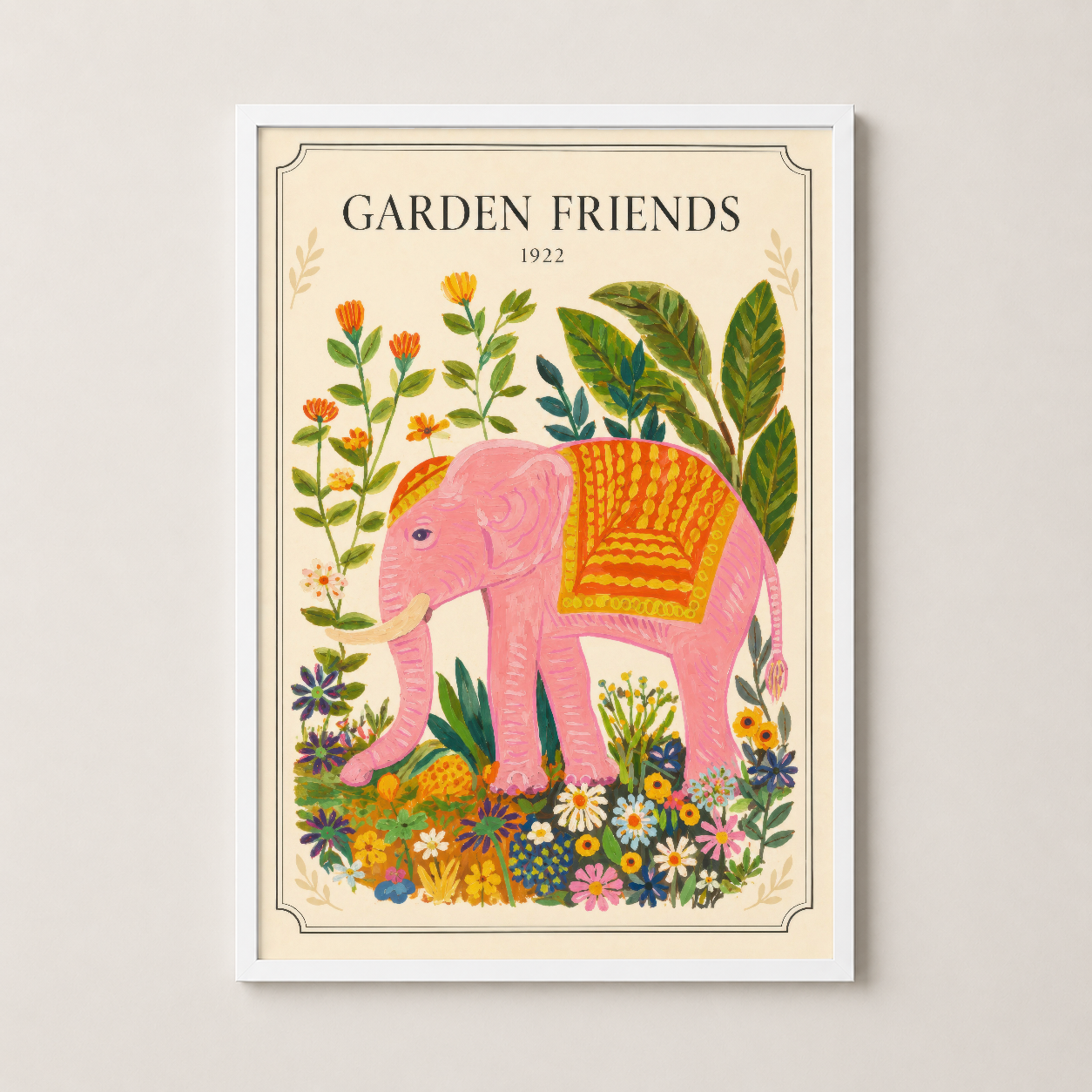 Garden Friends tablosu beyaz çerçevede, canlı çiçekler arası pembe fil motifli modern poster.