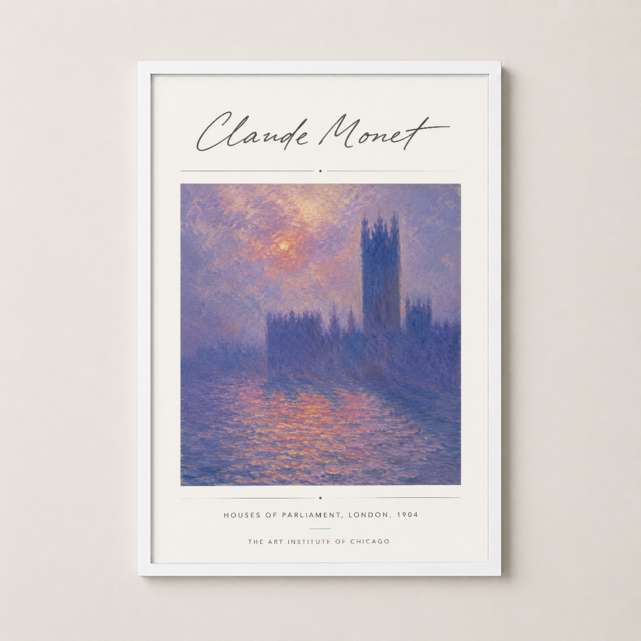 Monet Houses of Parliament 1904, beyaz çerçeveli duvar tablosu, modern galeri tarzı sanat poster.