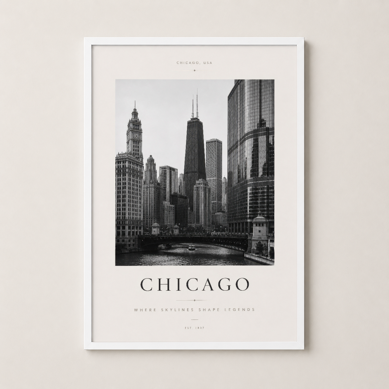 Chicago şehrinin mimarisi, beyaz çerçeveli tasarımla parlak ve temiz bir görünüm sunuyor.