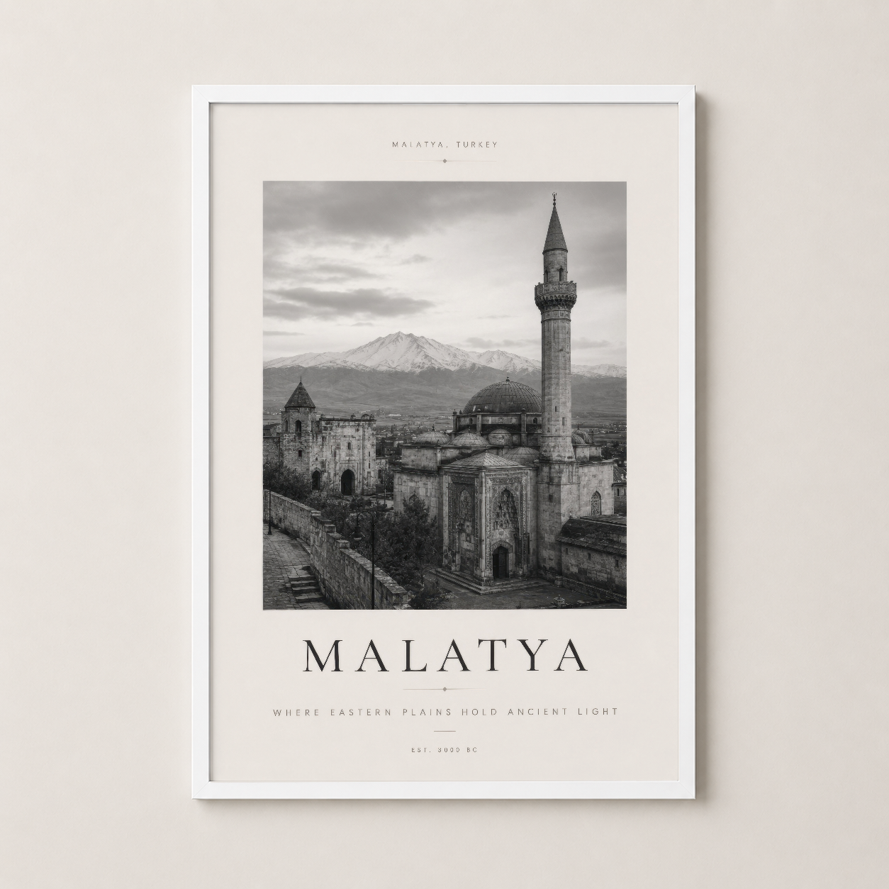 Beyaz çerçeveli Malatya posteri, tarihi şehrin monotkrom güzelliğini modern ve çevreci bir şekilde gösteriyor.